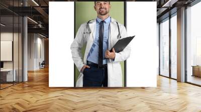 Online doctor standing out of mobile phone screen on white background Wall mural