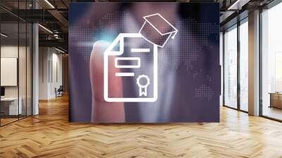 Online learning concept. Woman touching diploma illustration on virtual screen, closeup Wall mural