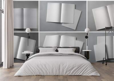 Open blank brochures on grey background, collage. Banner design Wall mural