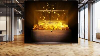 Open treasure chest with gold coins on table against black background Wall mural