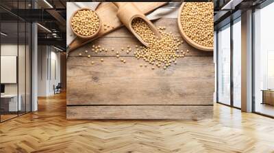 Organic soy beans on wooden table, flat lay. Space for text Wall mural