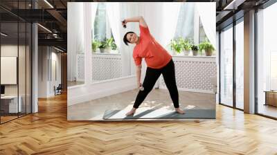 Overweight mature woman doing exercise with dumbbells at home Wall mural