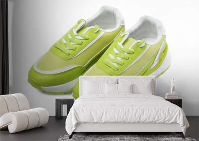 Pair of stylish light green sneakers on white background Wall mural