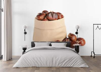 Paper bag with tasty roasted edible chestnuts on white background Wall mural