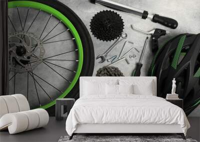 Parts of bicycle and tools on grey background, flat lay Wall mural