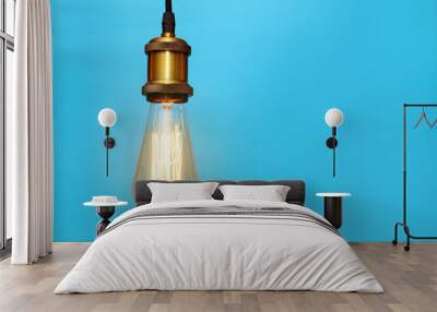 Pendant lamp with light bulb on color background, space for text Wall mural