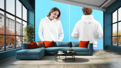 People in blank hoodie sweaters on color background, front and back views. Mock up for desing Wall mural