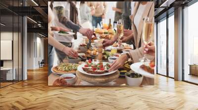 People near buffet table with food indoors, closeup. Brunch setting Wall mural