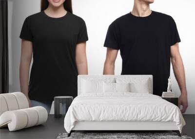 People wearing black t-shirts on white background, closeup. Mockup for design Wall mural