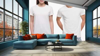 People wearing casual t-shirts on white background, closeup. Mockup for design Wall mural