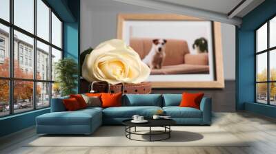 Pet funeral. Collar, rose and frame with picture of dog on black table, selective focus. Space for text Wall mural