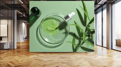 Petri dish with cosmetic product, bottle, pipette and leaves on green background, flat lay Wall mural