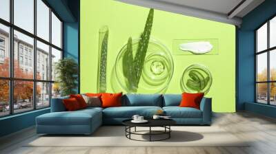 Petri dishes with fresh leaves and cosmetic products on green background, flat lay Wall mural