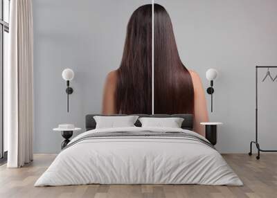 Photo of woman divided into halves before and after hair treatment on grey background, back view Wall mural