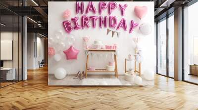 Phrase HAPPY BIRTHDAY made of pink balloon letters in decorated room Wall mural