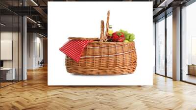 Picnic basket with fruits and lemonade isolated on white Wall mural