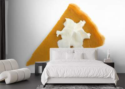 Piece of delicious pumpkin pie with whipped cream isolated on white, top view Wall mural