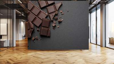 Pieces of delicious dark chocolate bars on black background, flat lay. Space for text Wall mural