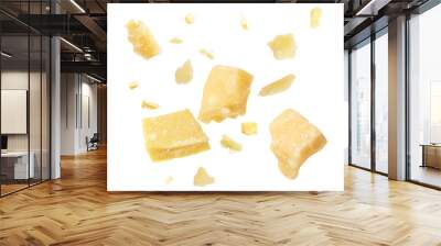 Pieces of delicious parmesan cheese flying on white background Wall mural