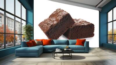 Pieces of fresh brownie on white background. Delicious chocolate pie Wall mural