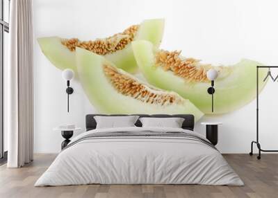 Pieces of fresh ripe honeydew melon isolated on white Wall mural