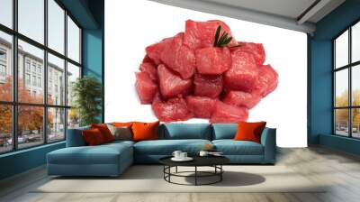 Pieces of raw beef and rosemary isolated on white Wall mural