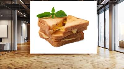 Pieces of toasted bread with melted cheese and basil isolated on white Wall mural