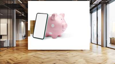 Piggy bank with coins and smartphone on white background. Online banking Wall mural