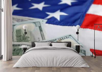 Pile of dollars on national USA flag Wall mural