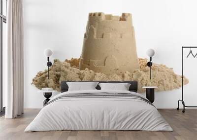 Pile of sand with castle on white background. Outdoor play Wall mural