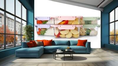 Plastic boxes with fresh prepared meal isolated on white Wall mural