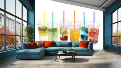 Plastic cups with lemonades on white background Wall mural