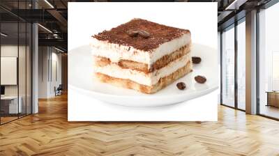 Plate of tiramisu cake isolated on white Wall mural