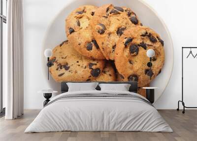 Plate with chocolate chip cookies on white background, top view Wall mural