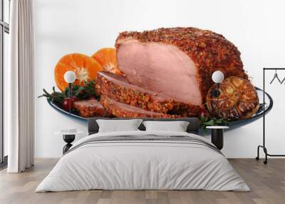 Plate with homemade delicious ham on white background. Festive dinner Wall mural