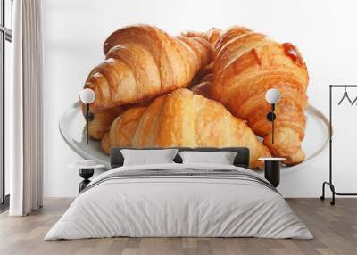 Plate with tasty croissants on white background. French pastry Wall mural