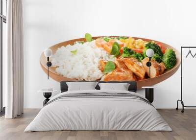 Plate with tasty rice, vegetables and meat on white background Wall mural