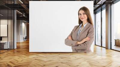 Portrait of beautiful young businesswoman on white background. Space for text Wall mural