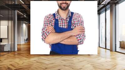 Portrait of construction worker with tool belt on white background Wall mural