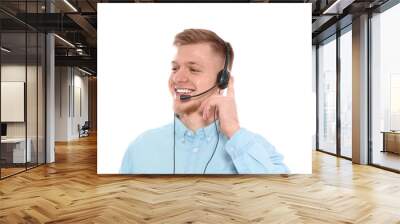 Portrait of technical support operator with headset isolated on white Wall mural