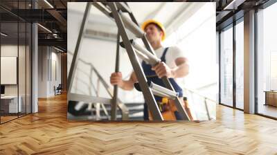 Professional builder with metal ladder on stairs, closeup Wall mural