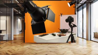 Professional equipment and composition with tasty dish on white table in studio, space for text. Food photography Wall mural