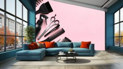 Professional hairdresser set on color background Wall mural