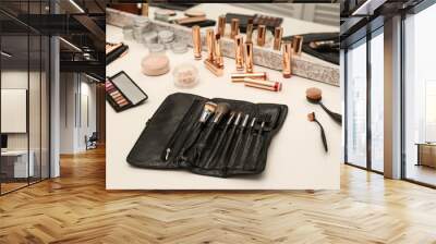 Professional makeup artists workplace with tools and cosmetic Wall mural