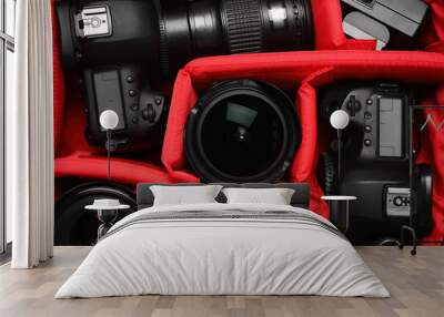 Professional photography equipment in backpack, top view Wall mural