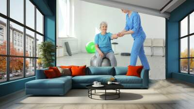 Professional physiotherapist working with elderly patient in rehabilitation center Wall mural