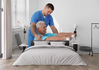 Professional physiotherapist working with senior patient in rehabilitation center Wall mural