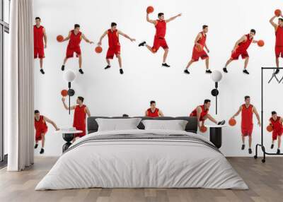 Professional sportsman playing basketball on white background, collage. Banner design Wall mural