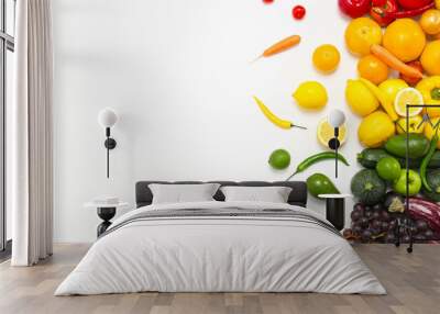 Rainbow composition with fresh vegetables and fruits on white background, flat lay Wall mural