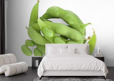 Raw green edamame soybeans and pods isolated on white, top view Wall mural